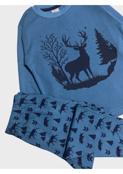 Erkek Çocuk %100 Pamuklu Petrol Yeşili Geyik Desenli Uzun Kollu Pijama Takımı fiyatları