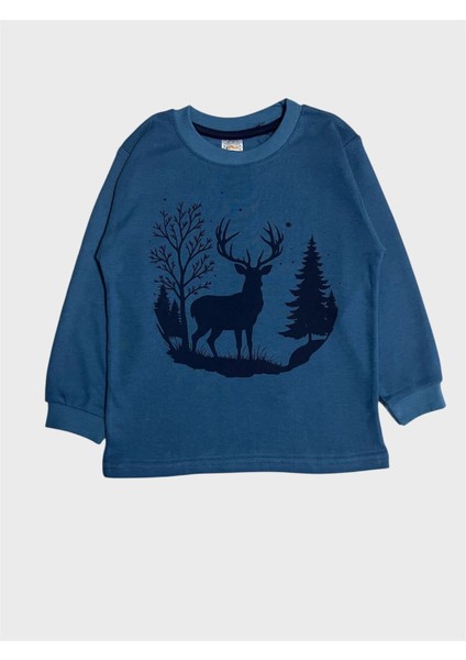 Erkek Çocuk %100 Pamuklu Petrol Yeşili Geyik Desenli Uzun Kollu Pijama Takımı fırsatları