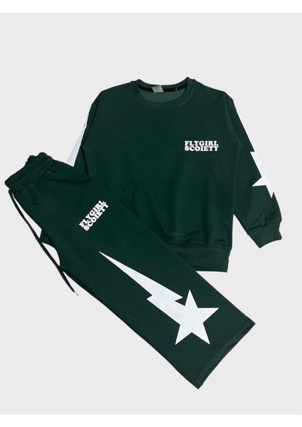 Kız Çocuk Pamuklu Yeşil Yıldız Desenli Uzun Kollu Bol Paça Eşofman Takımı