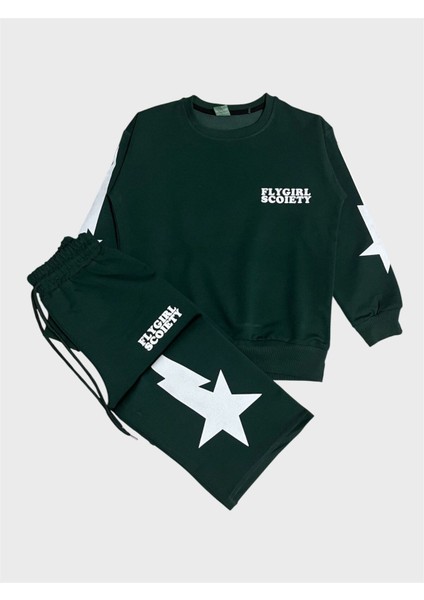 Kız Çocuk Pamuklu Yeşil Yıldız Desenli Uzun Kollu Bol Paça Eşofman Takımı fiyatları