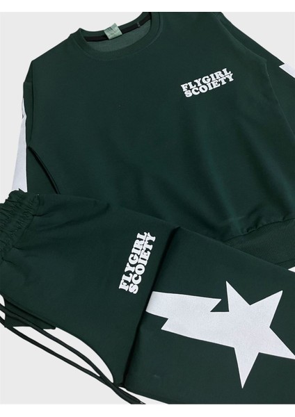 Kız Çocuk Pamuklu Yeşil Yıldız Desenli Uzun Kollu Bol Paça Eşofman Takımı modelleri