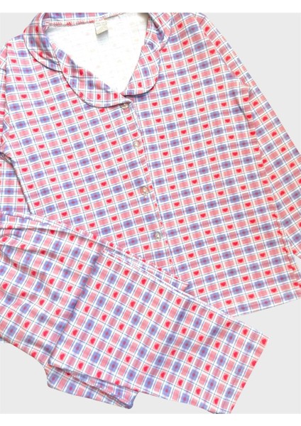 Kız Çocuk %100 Pamuklu Pembe Kalp Ekose Desenli Gömlek Yaka Boydan Düğmeli Pijama Takımı fiyatları