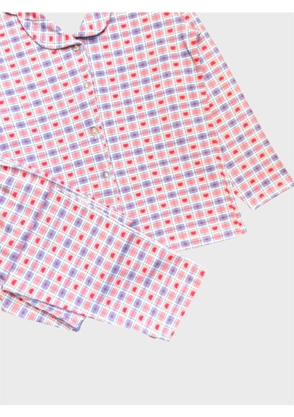 Kız Çocuk %100 Pamuklu Pembe Kalp Ekose Desenli Gömlek Yaka Boydan Düğmeli Pijama Takımı modelleri