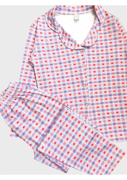 Kız Çocuk %100 Pamuklu Pembe Kalp Ekose Desenli Gömlek Yaka Boydan Düğmeli Pijama Takımı fırsatları