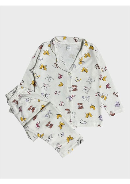 Kız Çocuk Pamuklu Beyaz Kelebek Desenli Gömlek Yaka Boydan Düğmeli Pijama Takımı