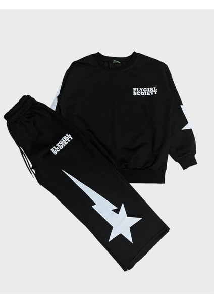 Kız Çocuk Pamuklu Siyah Yıldız Desenli Uzun Kollu Bol Paça Eşofman Takımı