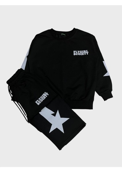 Kız Çocuk Pamuklu Siyah Yıldız Desenli Uzun Kollu Bol Paça Eşofman Takımı fiyatları