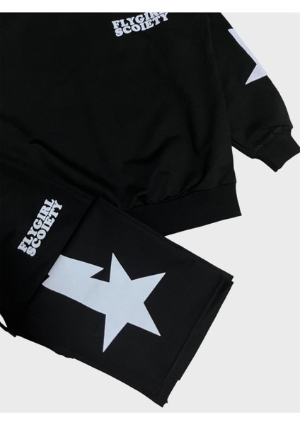 Kız Çocuk Pamuklu Siyah Yıldız Desenli Uzun Kollu Bol Paça Eşofman Takımı modelleri