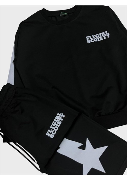 Kız Çocuk Pamuklu Siyah Yıldız Desenli Uzun Kollu Bol Paça Eşofman Takımı fırsatları