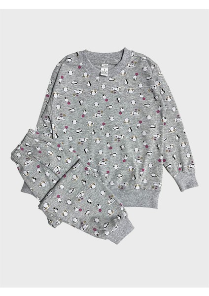 Kız Çocuk Pamuklu Gri Penguen Desenli Uzun Kollu Mevsimlik Pijama Takımı
