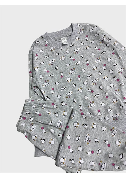 Kız Çocuk Pamuklu Gri Penguen Desenli Uzun Kollu Mevsimlik Pijama Takımı fiyatları