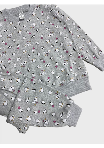 Kız Çocuk Pamuklu Gri Penguen Desenli Uzun Kollu Mevsimlik Pijama Takımı modelleri