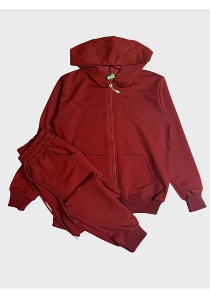 Erkek Çocuk Pamuklu Bordo Renk Kapüşonlu Fermuarlı Cepli Okul Için Uygun Eşofman Takımı