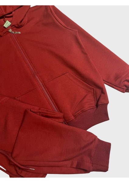 Erkek Çocuk Pamuklu Bordo Renk Kapüşonlu Fermuarlı Cepli Okul Için Uygun Eşofman Takımı fiyatları