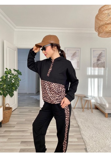 Kadın Uzun Kollu Leopar Detay Sweat ve Yanı Leopar Şerit Detay Pantolon Ikili Takım