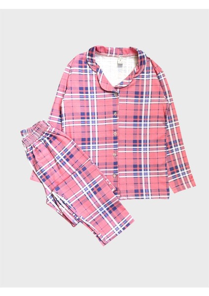 Kız Çocuk %100 Pamuklu Pembe Ekose Desenli Gömlek Yaka Boydan Düğmeli Pijama Takımı