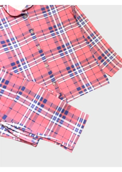 Kız Çocuk %100 Pamuklu Pembe Ekose Desenli Gömlek Yaka Boydan Düğmeli Pijama Takımı modelleri