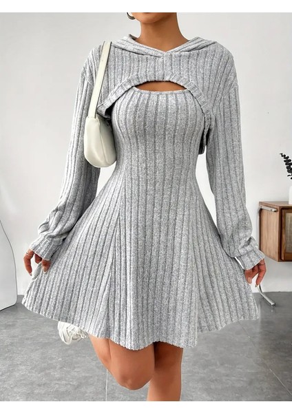 Kadın Uzun Kollu Kapüşonlu Ceket Üst ve Askısız Kare Yaka A Kesim Şardonlu Kaşkorse Elbise fiyatları