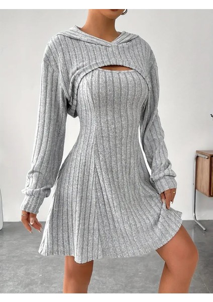 Kadın Uzun Kollu Kapüşonlu Ceket Üst ve Askısız Kare Yaka A Kesim Şardonlu Kaşkorse Elbise modelleri