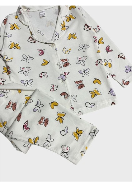 Kız Çocuk Pamuklu Beyaz Kelebek Desenli Gömlek Yaka Boydan Düğmeli Pijama Takımı fiyatları