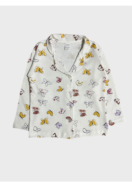 Kız Çocuk Pamuklu Beyaz Kelebek Desenli Gömlek Yaka Boydan Düğmeli Pijama Takımı fırsatları