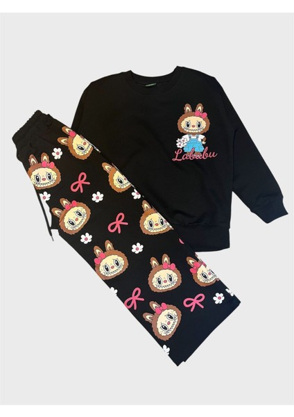 Kız Çocuk Pamuklu Siyah Renk Labubu Desenli Uzun Kollu Bol Paça Eşofman Takımı