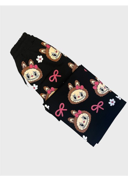 Kız Çocuk Pamuklu Siyah Renk Labubu Desenli Uzun Kollu Bol Paça Eşofman Takımı fiyatları