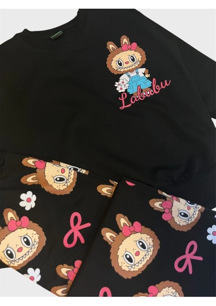 Kız Çocuk Pamuklu Siyah Renk Labubu Desenli Uzun Kollu Bol Paça Eşofman Takımı modelleri