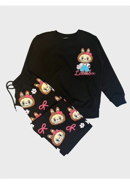 Kız Çocuk Pamuklu Siyah Renk Labubu Desenli Uzun Kollu Bol Paça Eşofman Takımı fırsatları