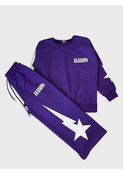 Kız Çocuk Pamuklu Yeşil Mor Desenli Uzun Kollu Bol Paça Eşofman Takımı