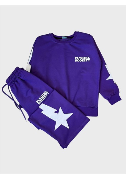 Kız Çocuk Pamuklu Yeşil Mor Desenli Uzun Kollu Bol Paça Eşofman Takımı fiyatları