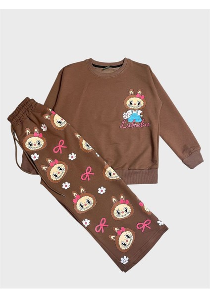 Kız Çocuk Pamuklu Kahverengi Labubu Desenli Uzun Kollu Bol Paça Eşofman Takımı