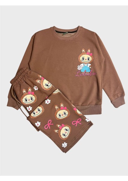 Kız Çocuk Pamuklu Kahverengi Labubu Desenli Uzun Kollu Bol Paça Eşofman Takımı fiyatları