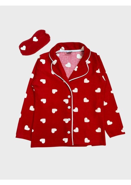 Kız Çocuk Pamuklu Süet Kumaş Kırmızı Kalp Desenli Gömlek Yaka Düğmeli Uyku Gözlüklü Pijama Takımı fiyatları