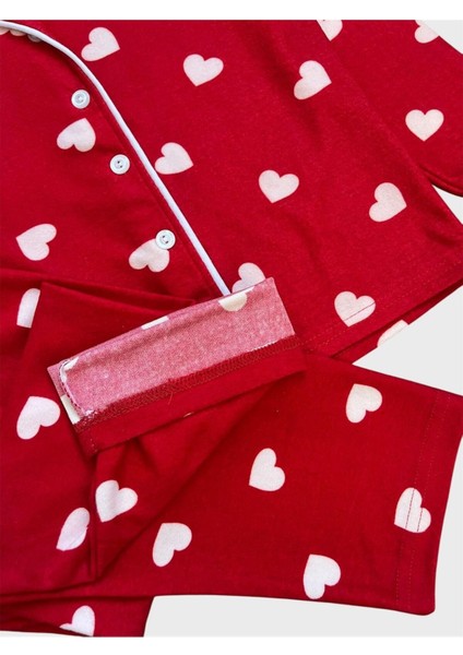 Kız Çocuk Pamuklu Süet Kumaş Kırmızı Kalp Desenli Gömlek Yaka Düğmeli Uyku Gözlüklü Pijama Takımı modelleri