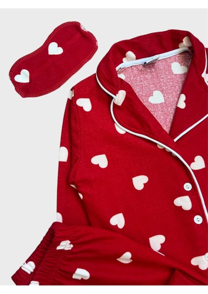Kız Çocuk Pamuklu Süet Kumaş Kırmızı Kalp Desenli Gömlek Yaka Düğmeli Uyku Gözlüklü Pijama Takımı indirimleri
