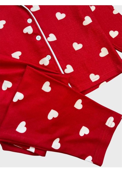 Kız Çocuk Pamuklu Süet Kumaş Kırmızı Kalp Desenli Gömlek Yaka Düğmeli Uyku Gözlüklü Pijama Takımı