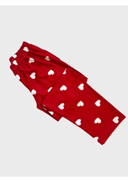 Kız Çocuk Pamuklu Süet Kumaş Kırmızı Kalp Desenli Gömlek Yaka Düğmeli Uyku Gözlüklü Pijama Takımı