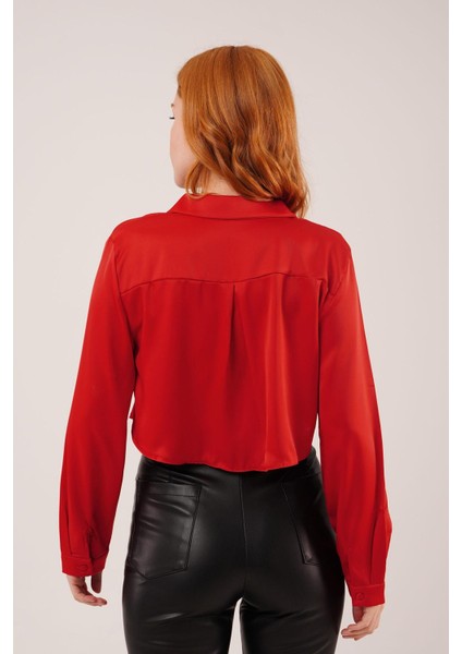 Saten Crop Model Kırmızı Gömlek fırsatları
