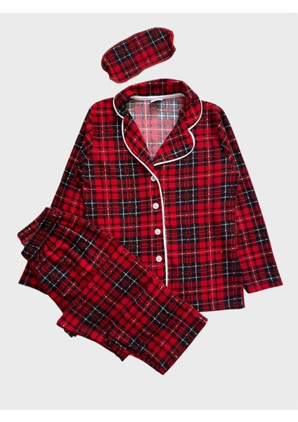Erkek Çocuk Pamuklu Süet Kumaş Kırmızı Ekose Desenli Uyku Bantlı Gömlek Yaka Düğmeli Pijama Takımı