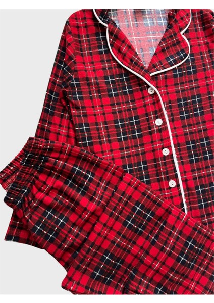 Erkek Çocuk Pamuklu Süet Kumaş Kırmızı Ekose Desenli Uyku Bantlı Gömlek Yaka Düğmeli Pijama Takımı modelleri