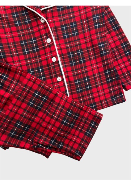 Erkek Çocuk Pamuklu Süet Kumaş Kırmızı Ekose Desenli Uyku Bantlı Gömlek Yaka Düğmeli Pijama Takımı fırsatları