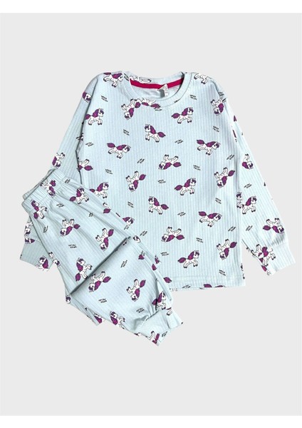 Kız Çocuk Pamuklu Mavi Unıcorn Desenli Fitilli Uzun Kollu Pijama Takımı