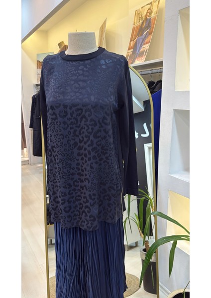 3002 Leopar Jakar Detay Merserize Tunik Lacivert