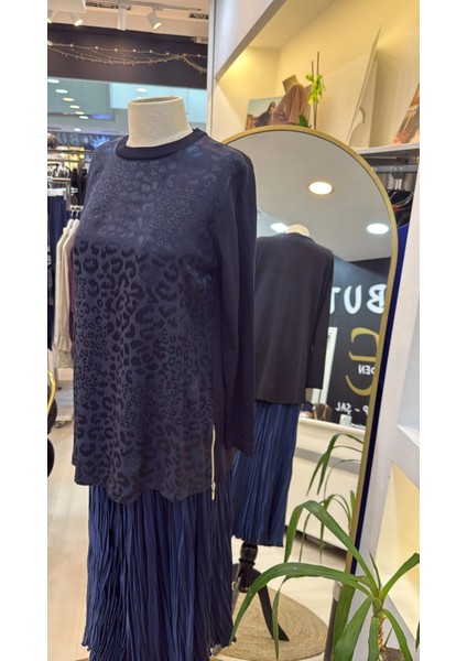 3002 Leopar Jakar Detay Merserize Tunik Lacivert indirimleri