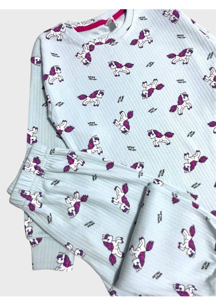 Kız Çocuk Pamuklu Mavi Unıcorn Desenli Fitilli Uzun Kollu Pijama Takımı fiyatları