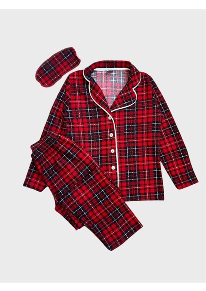 Kız Çocuk Pamuklu Süet Kumaş Kırmızı Ekose Desenli Gömlek Yaka Düğmeli Uyku Gözlüklü Pijama Takımı