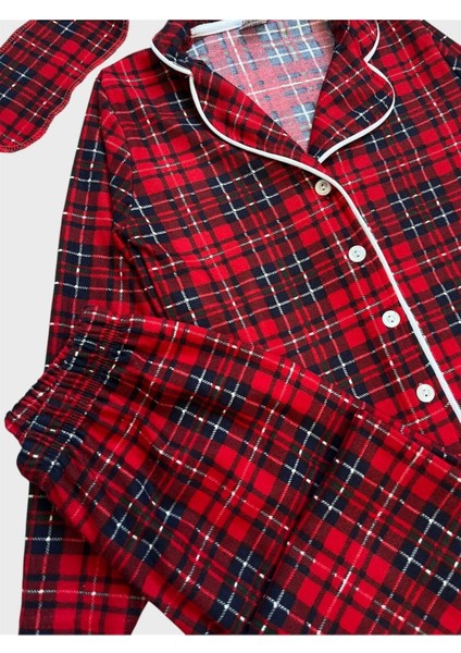 Kız Çocuk Pamuklu Süet Kumaş Kırmızı Ekose Desenli Gömlek Yaka Düğmeli Uyku Gözlüklü Pijama Takımı fiyatları