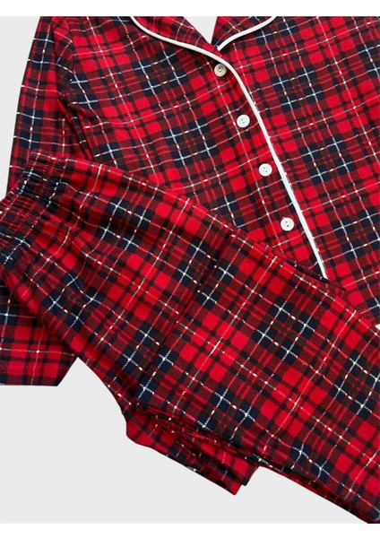 Kız Çocuk Pamuklu Süet Kumaş Kırmızı Ekose Desenli Gömlek Yaka Düğmeli Uyku Gözlüklü Pijama Takımı modelleri