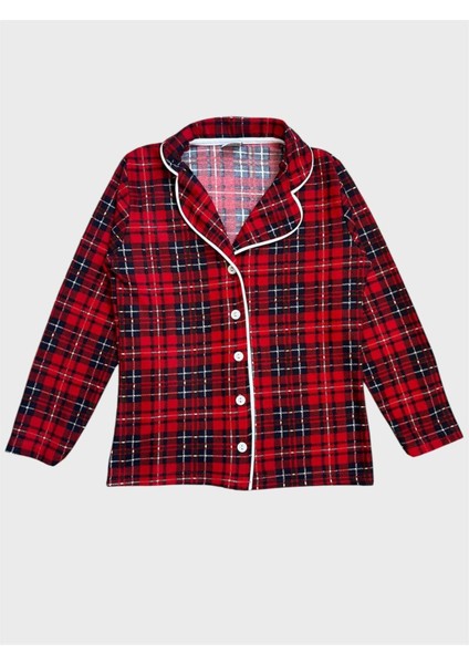 Kız Çocuk Pamuklu Süet Kumaş Kırmızı Ekose Desenli Gömlek Yaka Düğmeli Uyku Gözlüklü Pijama Takımı fırsatları